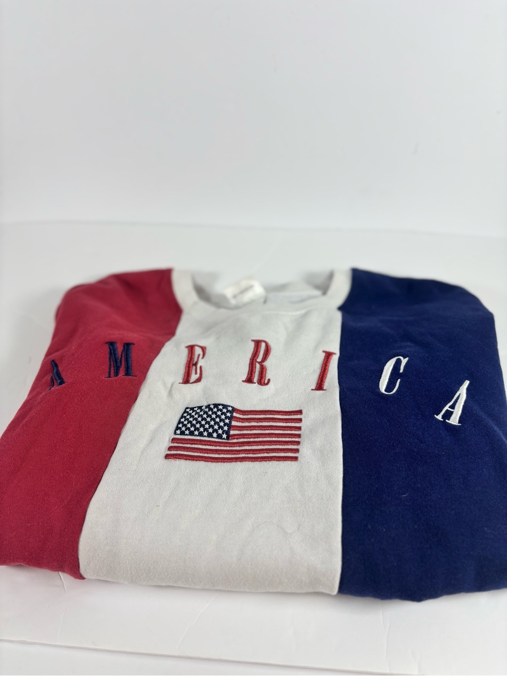 Limited America Women's Crewneck Sweater in Red, White & Blue with flag